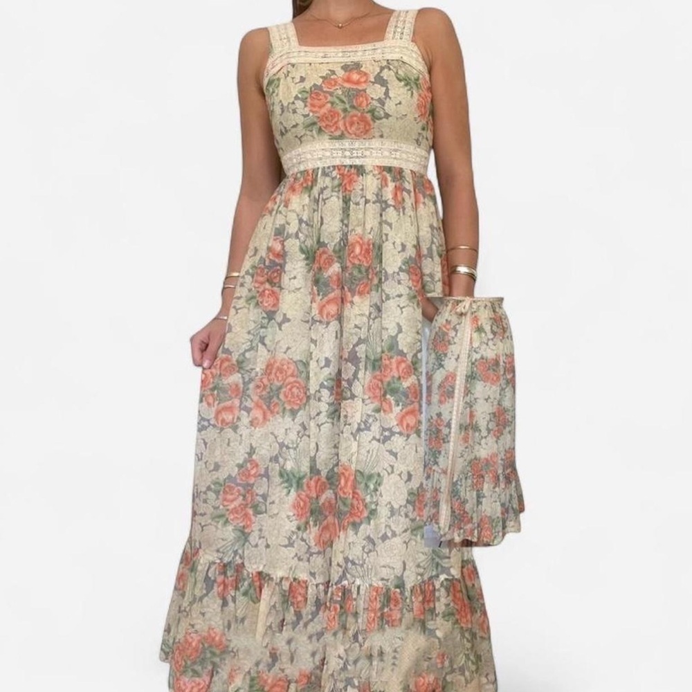vintage ACT I 1970s square neck tiered floral maxi prairie cottagecore dress XS - Picture 9 of 9